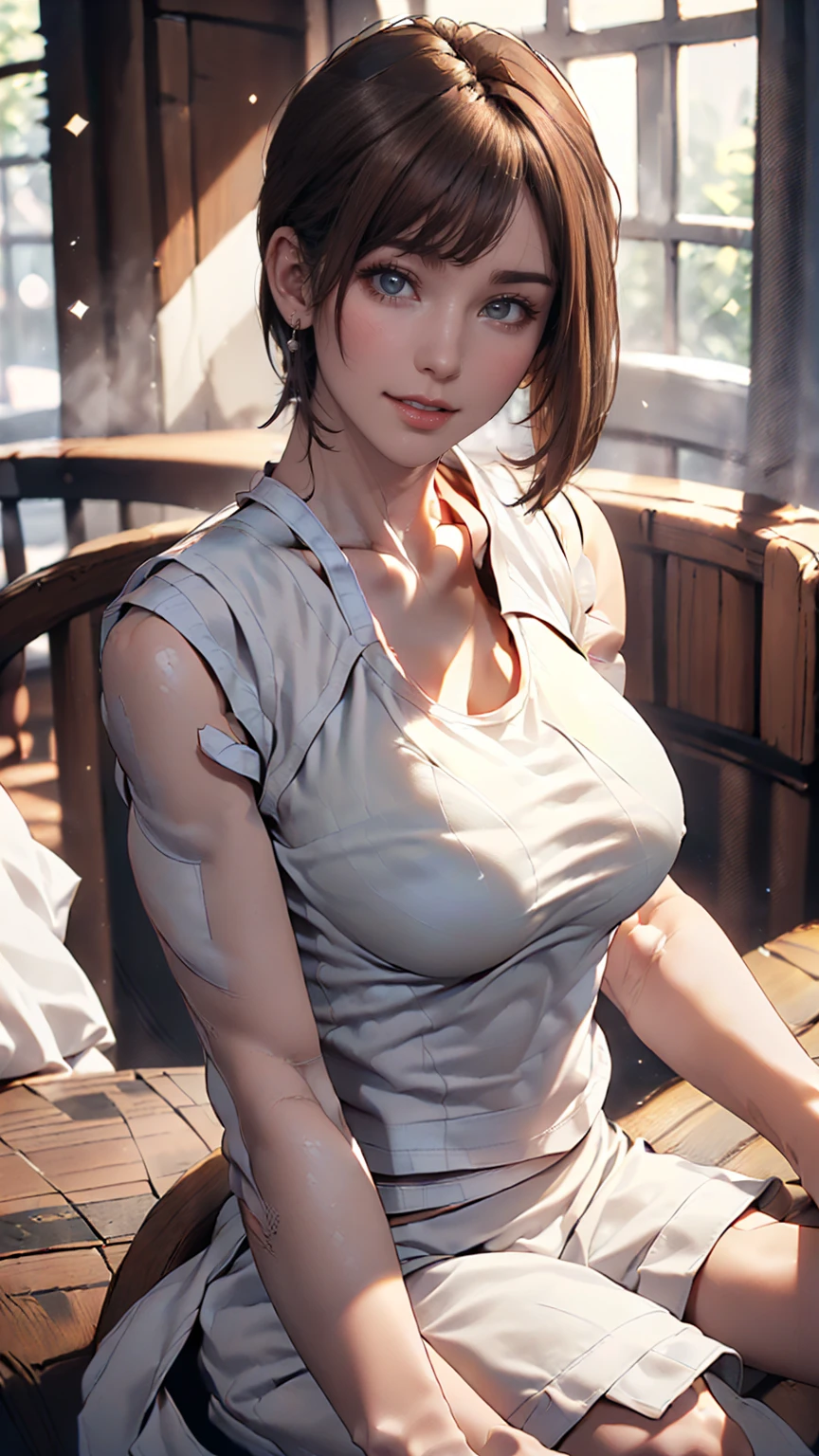 Highest quality, Realistic, 8k, High resolution, 1 girl, woman, (Skin Dentition), (Portraiture: 0.6), nice,  ((Big round breasts, Sleeveless white T-shirt: 1.75)), Straight Viewer: 1.8, (1 personEyes, Medium length hair, Brown Hair, Parted bangs : 1.65), Realistic, (Bokeh), (Mouth closed: 1.46), nice, Pure Eros Face_v1,