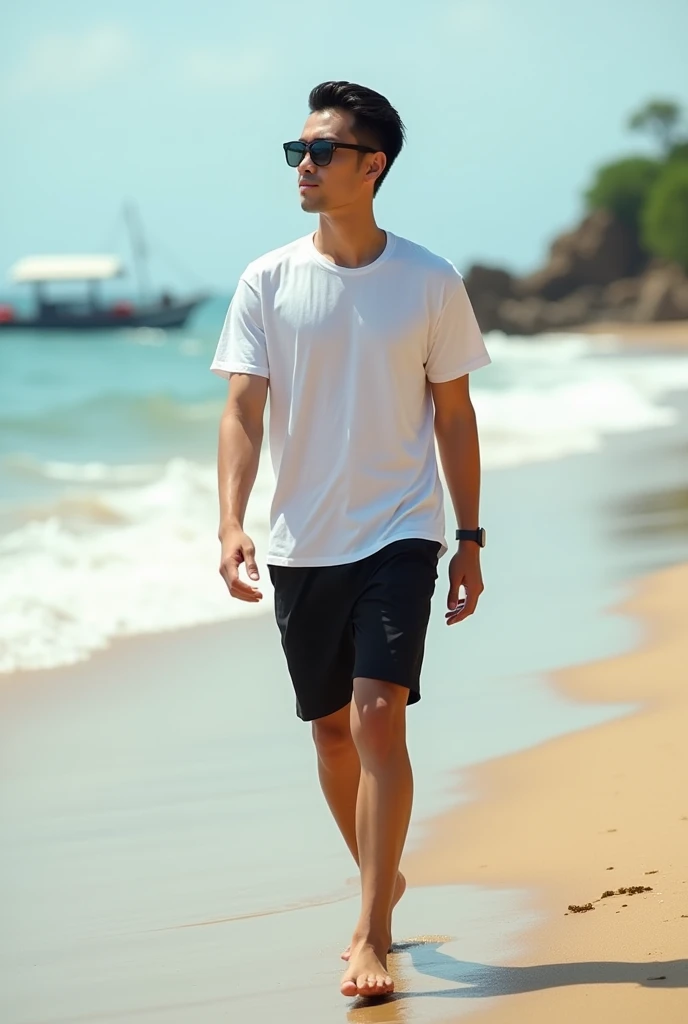 (photorealism) Indonesian man ,Thin and short body (short) ,hairstyle (slicked back),walking on the beach with waves and boats in the background ,Wearing a white t-shirt and black shorts,wearing black photochromic glasses ,barefoot ,