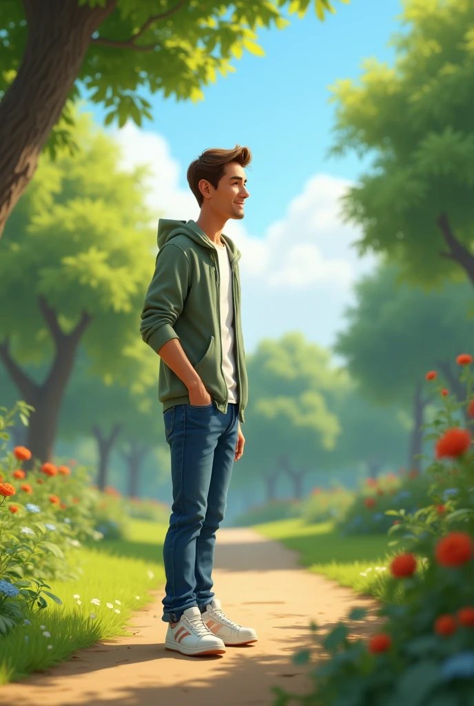 
man 40 years old white skin, short brown hair, with jins and white sneakers. in a park, pixar style
