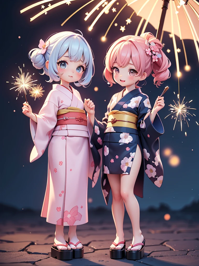 ((petite cute 2girls)), ((cute face)), ((puffy eyes)), ((masterpiece)), ((best quality)), ((ultra detailed)), ((exquisite)), ((depth)), ((crisp)), ((8k)), ((beautiful and aesthetic)), ((super detailed skin)), ((high standard)), ((highres)), (perfect anatomy), (blush), (lipstick), (full body), (nostalgic scenery), (cove, night), (emotional), (yukata), (japanese sparklers)