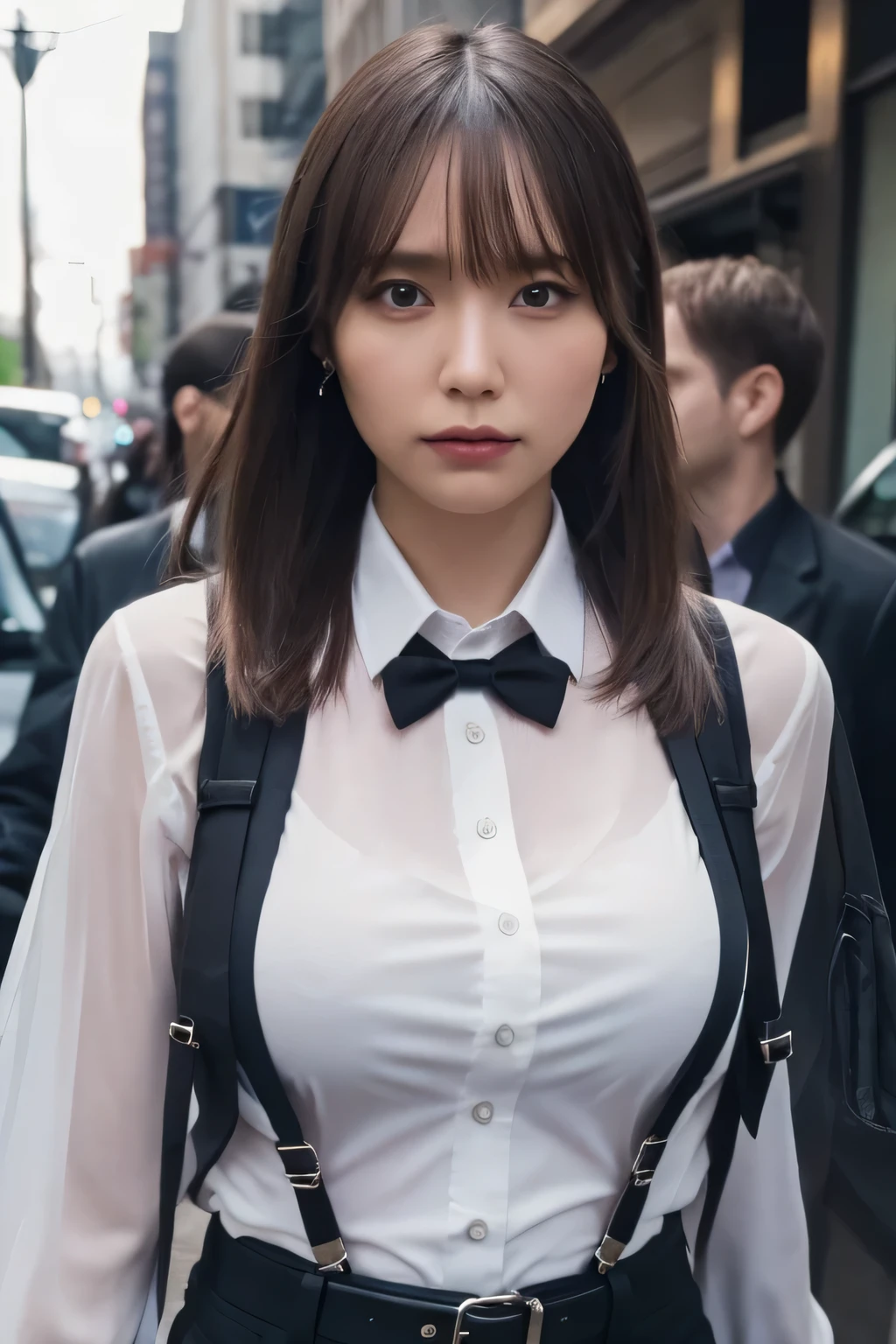 a woman in a suit, belt, hands behind back, sweating, suspenders, black pants, sexly, large breasts, see-through clothing, rain, detective, office worker, white button-up shirt, (best quality,4K,8k,highres,masterpiece:1.2),ultra-detailed,(realistic,photorealistic,photo-realistic:1.37),hyper-detailed,highly detailed face and body, Slender　thin　suspenders　Moderate breasts　See-through shirt　Nipples　holster　chain　Pistol　Armament　criminal　Female criminal　knife