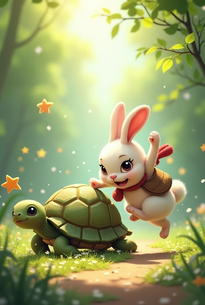 "Rumi, the energetic rabbit, is playfully hopping around Tinu, the turtle, who is slowly walking. Rumi looks mischievous, while Tinu is calm, enduring the teasing."