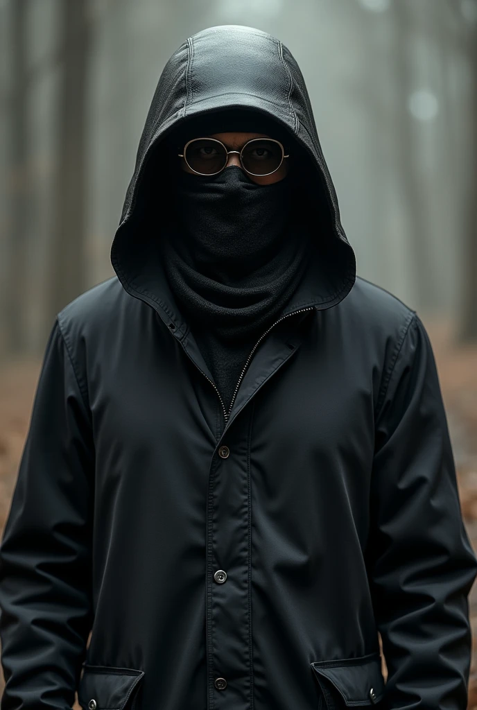 A man wearing a black cloth outfit, his face completely covered by an iron mask with glasses, wearing an M35 helmet, Wear a sun-protective jacket.