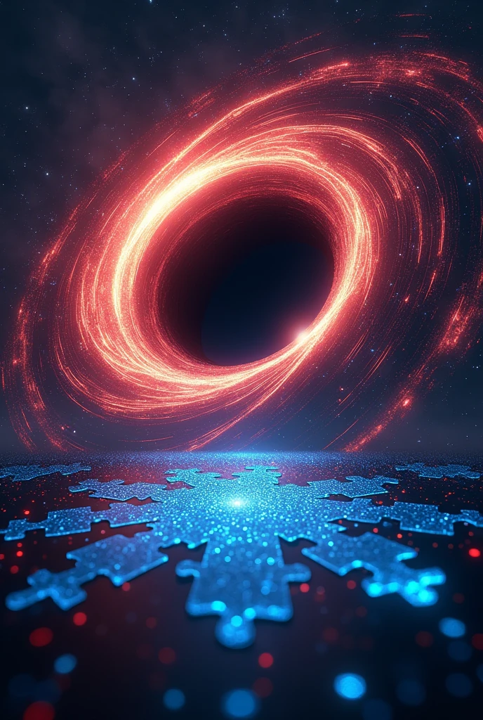 "Create a mesmerizing thumbnail featuring a swirling black hole with vibrant, glowing accretion disk and eerie, pulsing Hawking Radiation emanating from it. In the foreground, incorporate a cryptic, glowing puzzle piece or a fragmented code, symbolizing the information paradox. Use a dark, cosmic background with subtle, shimmering stars. Ensure the design is futuristic, mysterious, and captivating, with bold, neon-lit typography highlighting the title: 'Unraveling Hawking Radiation & The Information Paradox'."