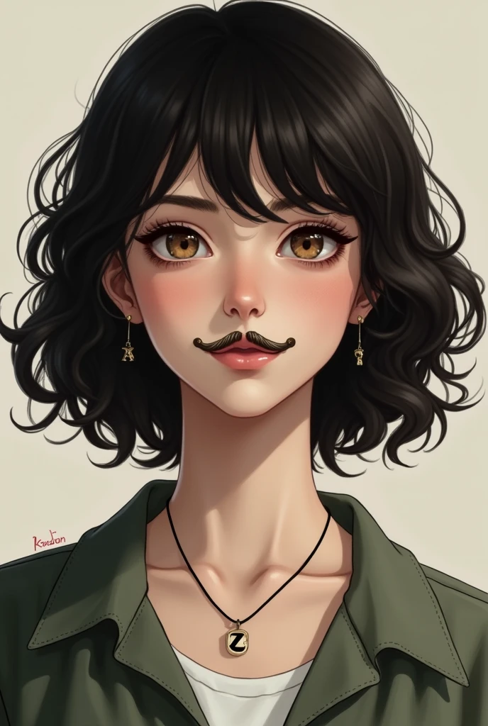 Young woman with medium curly hair, And thin mustache, with a spot on the neck, a necklace with the letter Z, not anime style/animation