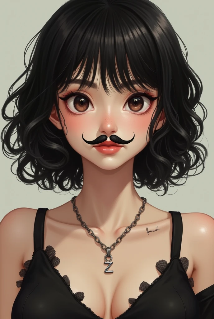 Young woman with medium curly hair, And thin mustache, with a spot on the neck, a necklace with the letter Z, not anime style/animation 
