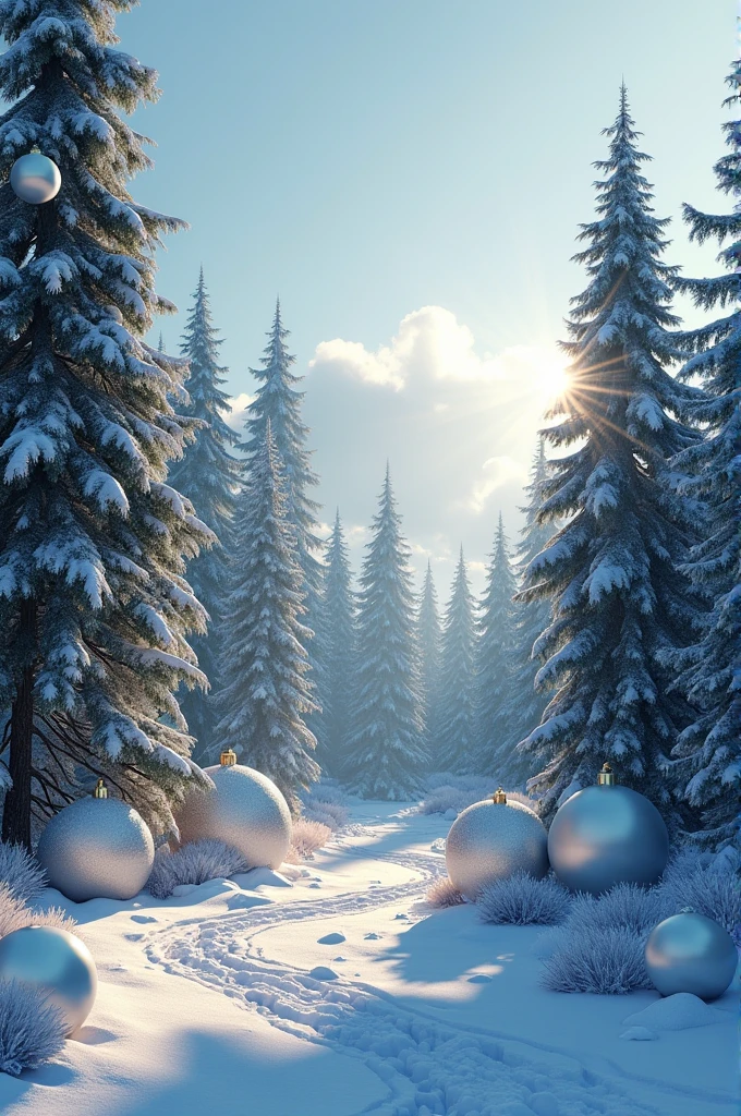 Pine trees with large shiny white Christmas balls