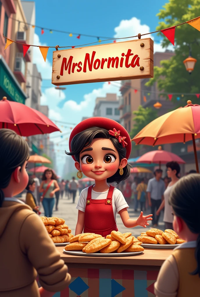 Empanada stand with a TUCUMANAS sign "Mrs. Normita" in the middle of the street with lots of people diners