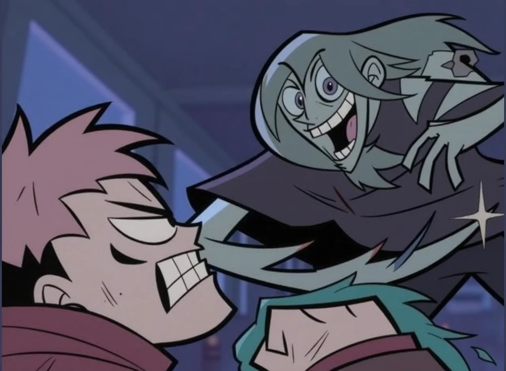 create an image of a young elf man, with medium black hair, and blue and black pupae in which one of the shoulders appears and made in the style of the cartoon network of the 90s