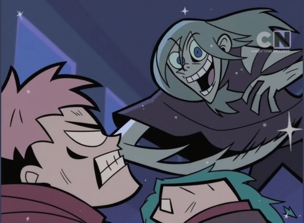 create an image of a young elf man, with medium black hair, and blue and black pupae in which one of the shoulders appears and made in the style of the cartoon network of the 90s 