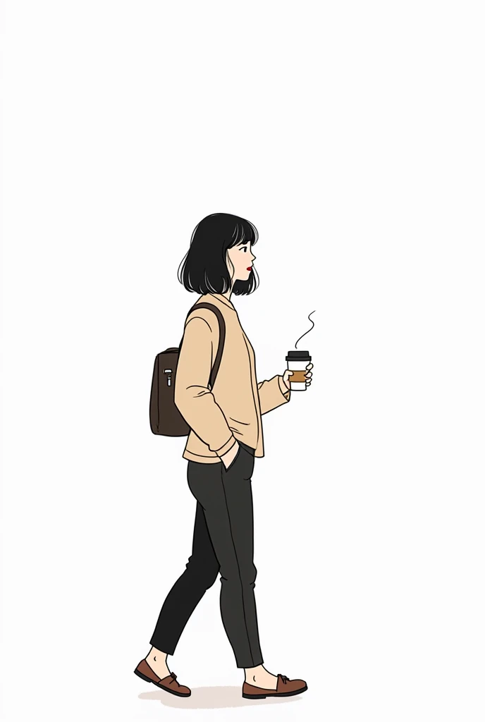A simple doodle of an Asian girl with shoulder-length hair,wearing black pants,Coffee in hand,The illustration uses simple lines and flat details with a minimalist and simple drawing style. It features a cartoon character sketch on a white background using simple black line drawings. The style is reminiscent of minimalist sketching.