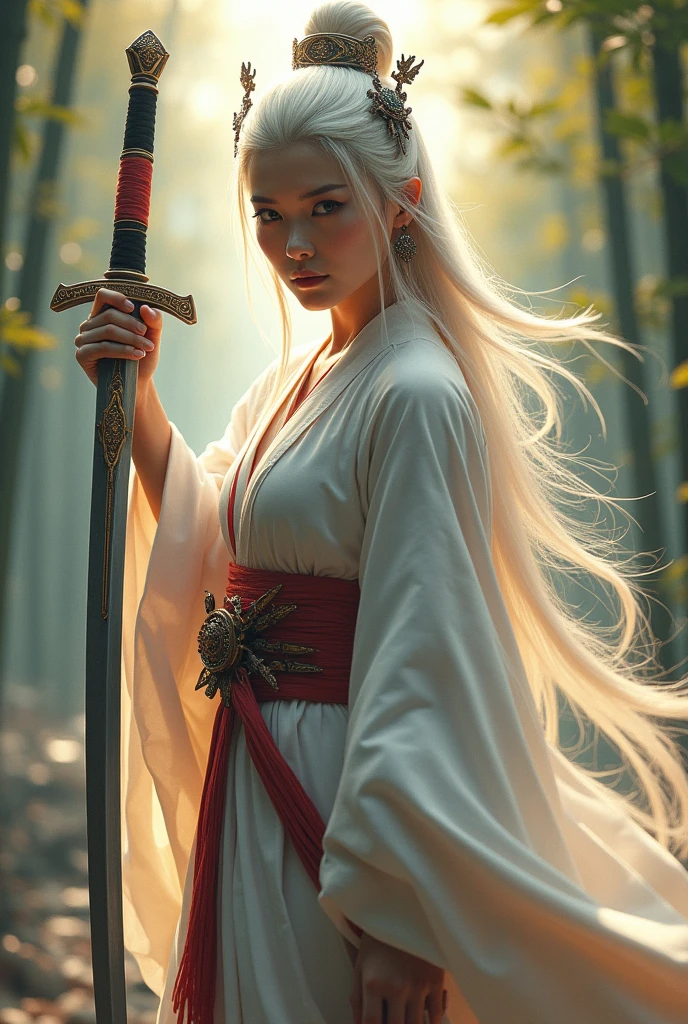 Dramatic、Leathery、intense：1.4），masterpiece，Highest quality，8k，Crazy Details，Intricate details，Super detailed，super quality，High detail，Super detailed，masterpiece，One person，solo，Hanfu，シフトdress，Red ribbon，gem，Wind，Long sleeves，Long white hair，hair ornaments，乳首Tassel，Handheld Weapons，sword，View your viewers，Photorealistic，bamboo forest，Chinese architecture，Female sword士, sword士From above撮影するには. art：Zao Wou-ki Extreme Close-up, Focus on the face, 白いHanfuを着た女, 白い透明なベールを身に着けた中国のsword士は古代中国の街並みに浮かび、Stretch your body, soloGoPro写真撮影, Enemy falling to the ground, 背景に古代中国の王朝 コンセプトart QingKung 1girl( Super View, Ultra Wide Angle:1.6)(horizon:1.3), (evening, sunset:1.3)(dramatic, Grainy, intense:1.4),masterpiece, Highest quality, 8k, Insane Details, Intricate details, Super detailedな, super high quality, Attention to detail, Super detailed, masterpiece, One person,alone, Hanfu,dress,Red ribbon,jewelry,Wind,Long sleeve,Long Hair, hair ornaments,Tassel, (whole body:0.8), Have a weapon, sword, 視聴者を見てリアルな王朝のChinese architectureA tense shot(Visual impact,Give your poster a dynamic and visually striking look:1.2),Chinese Zen Style,High-impact photos, Ultra-high resolution, ((masterpiece))), (((Highest quality))), ((Very detailed)), ((Very delicate and beautiful)),Cinematic Light, Detailed Environment(Genuine), Dynamic Angle, perspective, high point,throw(From above:1.1), One person, hair ornaments, Muscular, (swordを持っている:1.2) 古代中国のsword, (whole body:1.1), A tense shot(The sky glows cyan,Visual impact,Give your poster a dynamic and visually striking look:1.2),Chinese Zen Style,,High-impact photos, Designed by Greg Manches,cigarette, A model woman, Bright Eyes, Glossy Lips, Futuristic gold face warpaint, artステーションで話題, photoGenuine, 8k yen, Octane Rendering by Greg Rutkowski, art：Kahne Griffith and Vadim Kashin ,Daw al-Set style, Walleye, Inspired by MAPPA and Zdzislaw Beksiński,