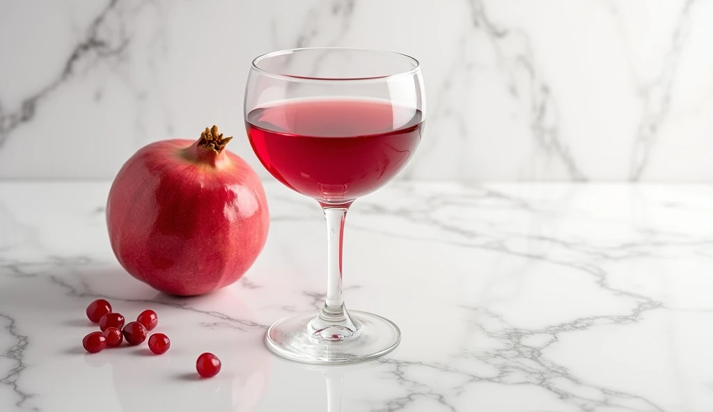 A high-definition image of a pomegranate placed next to a sleek wine glass of red juice, all set on a polished white marble tabletop. The scene is elegantly simple, with the marble’s cool, smooth surface contrasting with the warm, natural tones of the fruit and juice.