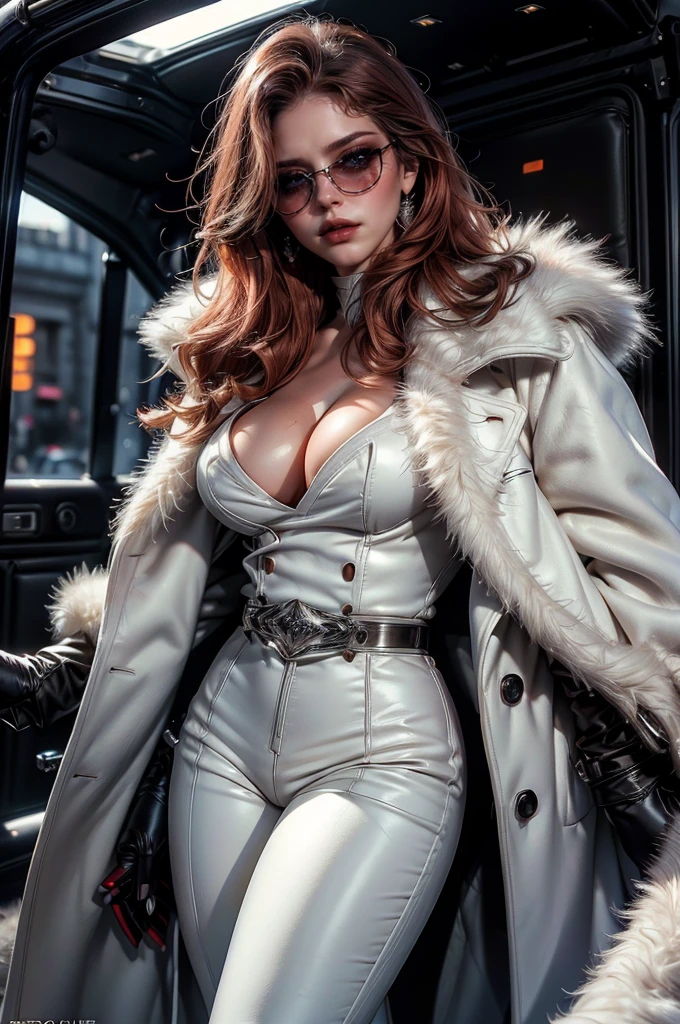 (cowboy shot), a beautiful young woman with long red hair, lora_Emma, ((black high waist leather pants)), ((formal white top with cleavage)), waist belt, a white fur coat, reflective silk scarf, (red shaded sunglasses), standing outside, exposed hips, (best quality,4k,8k,highres,masterpiece:1.2),ultra-detailed,(realistic,photorealistic,photo-realistic:1.37),detailed face, detailed eyes, detailed lips, long eyelashes, beauty, fashion, portrait, glamorous, elegant, studio lighting, dramatic lighting, high contrast, vivid colors, cinematic,xuer white fur coat, ((coat on shoulders))
