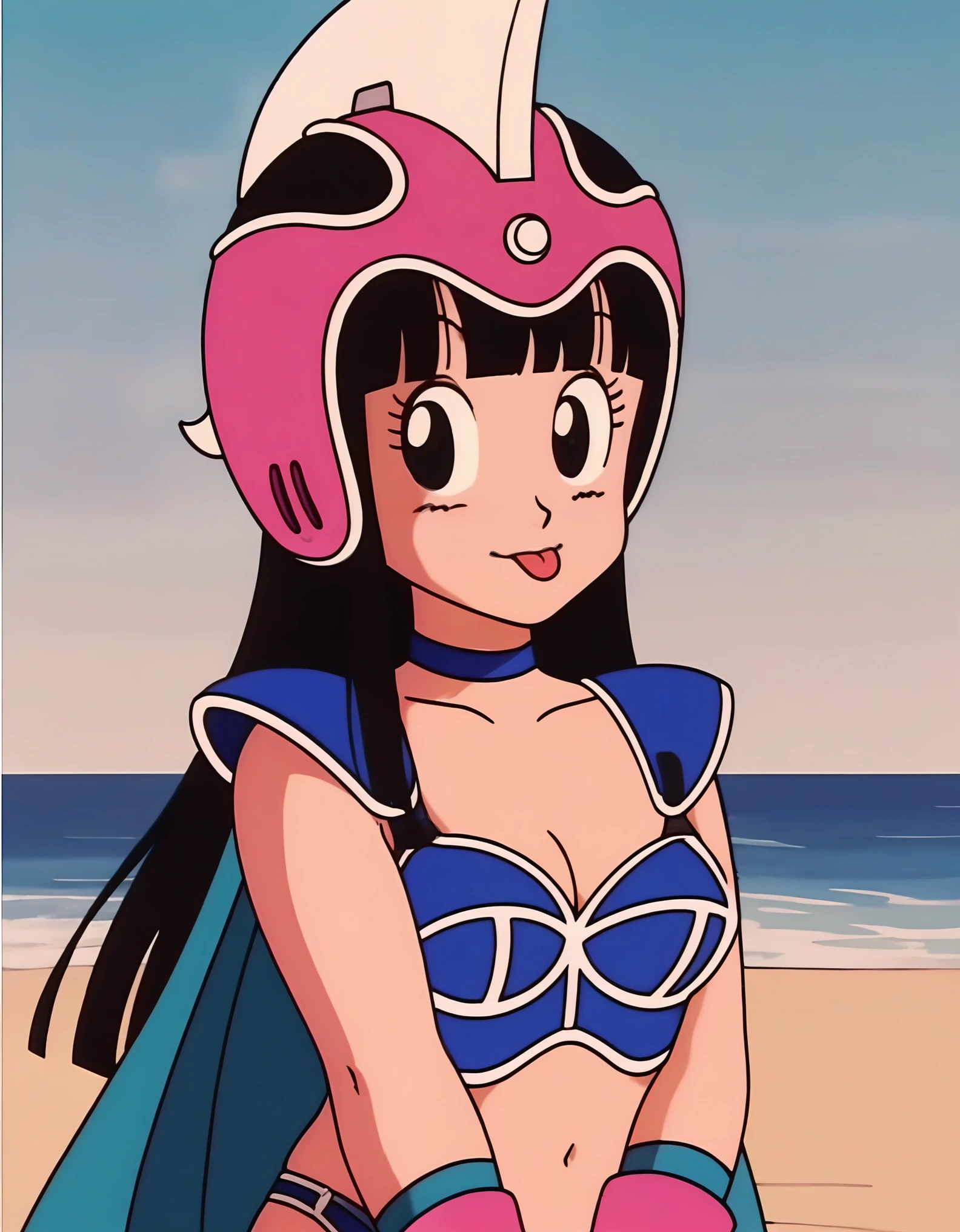 source_anime, score_9, score_8_up, score_7_up, anime screencap,8k, absurdres,
chi-chi, aged down, blue outfit, female , 1girl, long hair, looking at viewer, smile, bangs, black hair, collarbone, upper body, outdoors, sky, pink headwear, blunt bangs, black eyes, helmet, shoulder armor, close-up, pauldrons, blue choker, lingerie, mesh stockings, transparent tights, medium ass, medium breasts, tits, tongue out