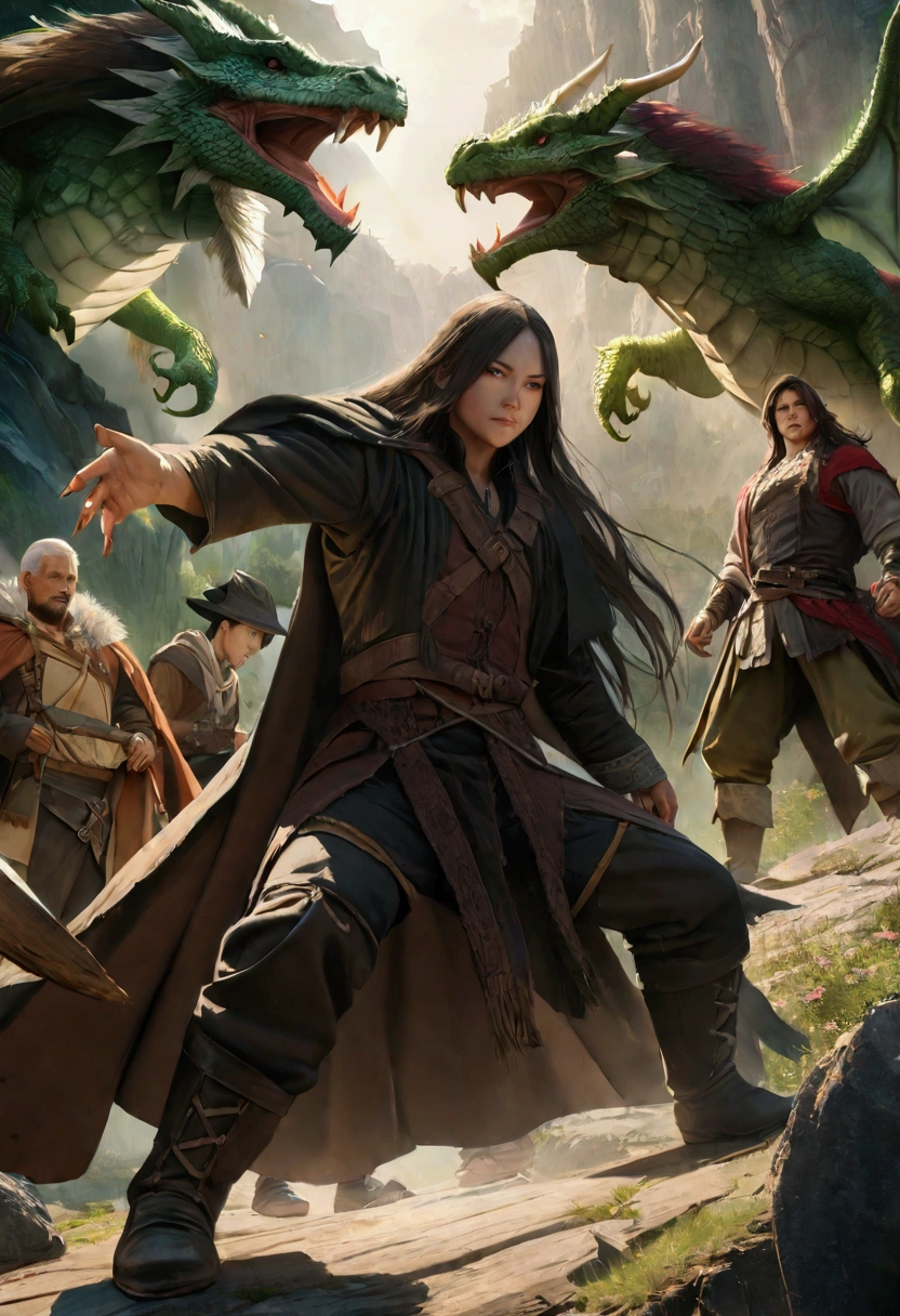 a group of four male heroes, a rogue, a mage, a warrior and a backpacker, battling a green dragon in a fantasy world, anime style, highly detailed, hyper realistic, 8k, masterpiece, dramatic lighting, vibrant colors, intricate background, powerful poses