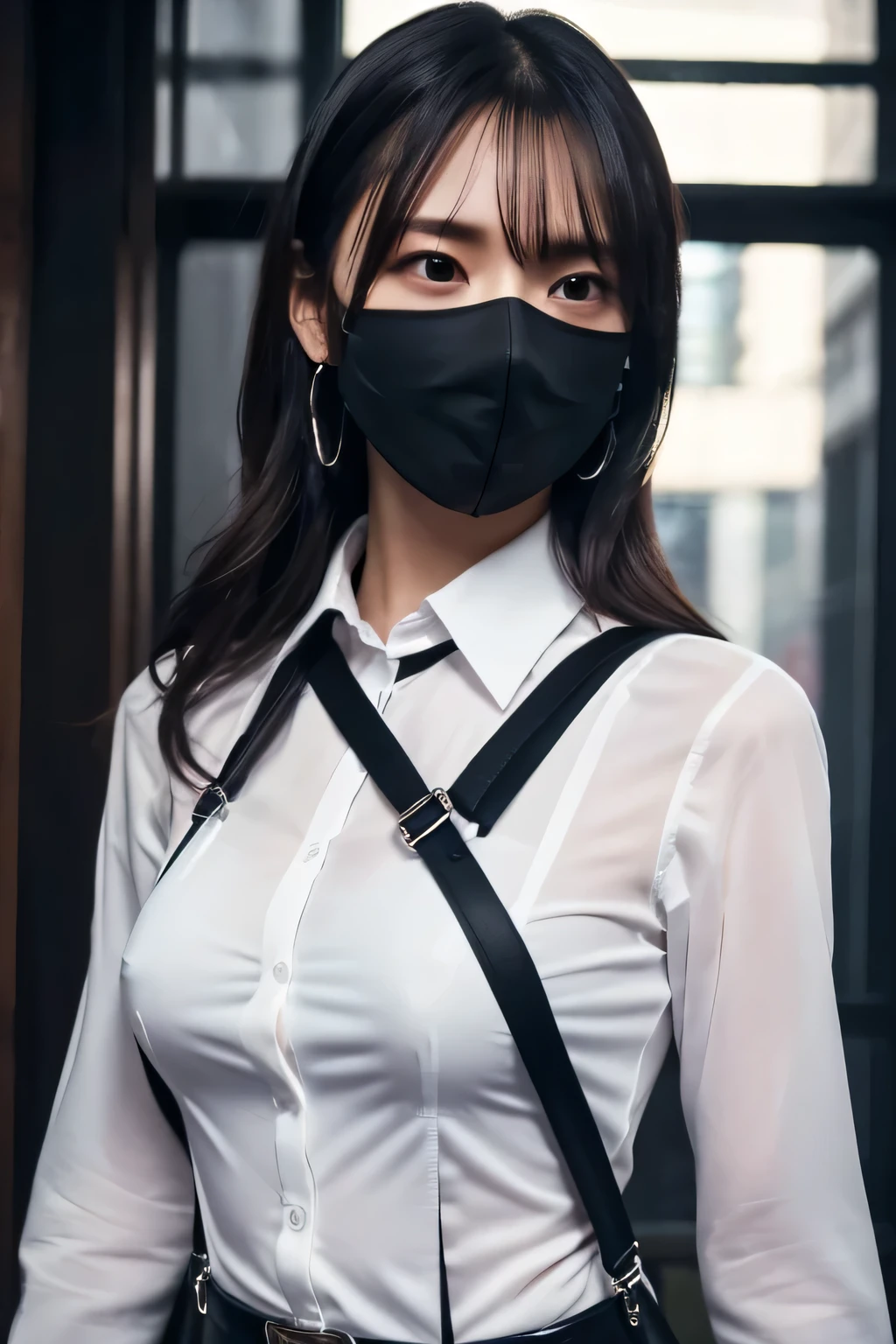 a woman in a suit, belt, hands behind back, sweating, suspenders, black pants, sexly, large breasts, see-through clothing, rain, detective, office worker, white button-up shirt, (best quality,4K,8k,highres,masterpiece:1.2),ultra-detailed,(realistic,photorealistic,photo-realistic:1.37),hyper-detailed,highly detailed face and body, Slender thin suspenders Moderate breasts See-through shirt Nipples holster chain Pistol Armament criminal Female criminal knife black mask