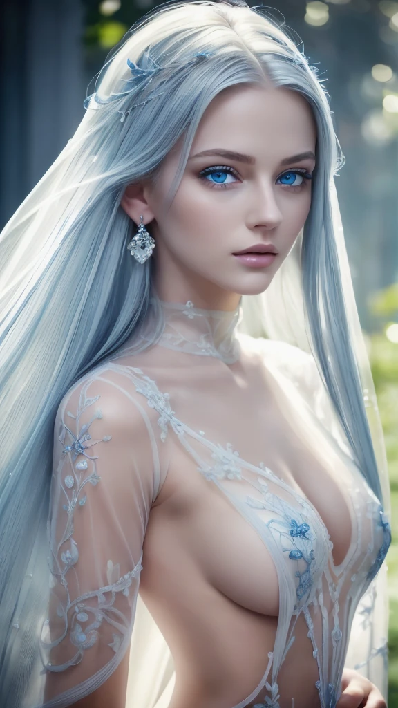 8k full body shot of beautiful white-haired 1 girl, running fingers through her hair with left hand,(intricate, sheer, transparent, translucent,(no clothes:1.2)), intricate, beautifull face, sublime, elegant, side lighting, highly detailed, digital hyperrealistic photography, hyperrealistic photography filigree, shyness, most beautyfull face, (masterpiece, sidelighting, (finely detailed beautifull blue eyes: 1.2)),