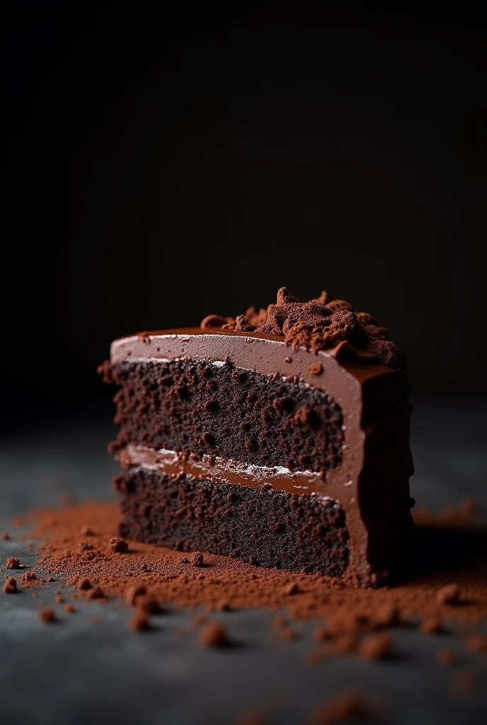 cinematic film still chocolate, chocolate cake, dark background, quality photo, moist texture, frosting, studio photo, slice . shallow depth of field, vignette, highly detailed, high budget, bokeh, cinemascope, moody, epic, gorgeous, film grain, grainy