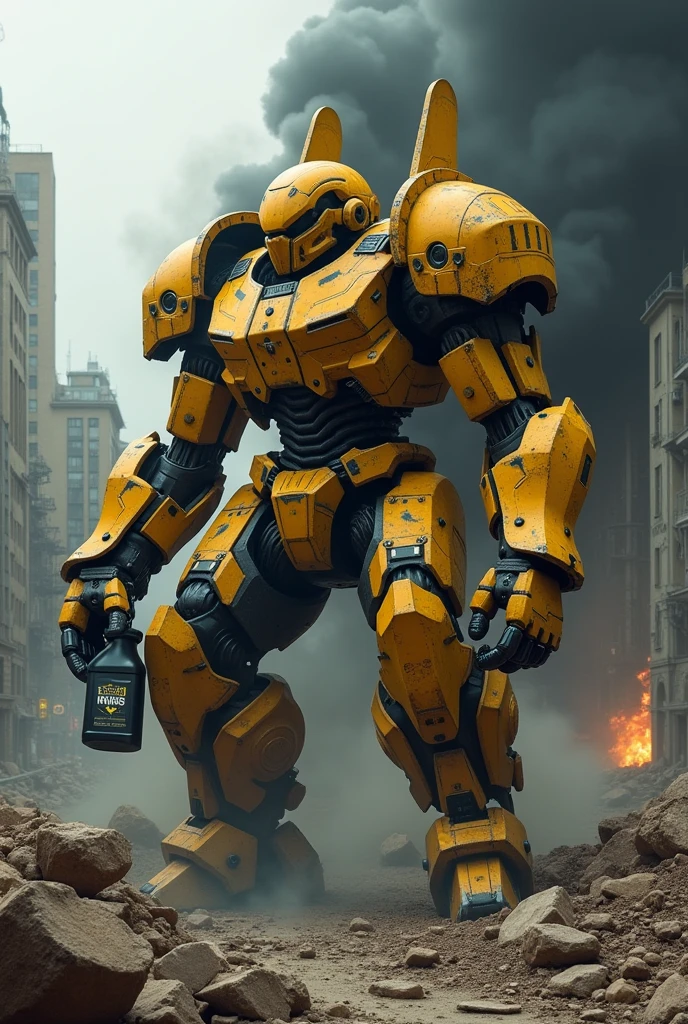yellow black muscular mecha golem. fire sparkle.destroyed body. black smoke cloudy.overflow around body. bowed. holding a branded bottle of engine oil. bottle with oil written on it.sitting in the ruins. destroyed city as background. uhdr. uhq.