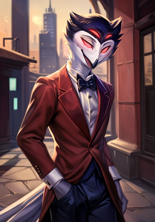 por zackary911,by Chunie,(by place:1.2),by kiyosan,by sigma,((masterpiece)), ((8K quality)), (without watermark), stolas, male, , SFW, Closed mouth, standing, perfect red formal suit, another hand at his side, (Alone:1.4), pulcro, bright, male body, ((Slim body)), showy, vibrant colors, take off makes, perfect lighting, perfect shadows, Perfect eyes, perfect face, ((victorian city background)), evening, Global light, (decolaed background, depth of field), (4k, 2k, shading, absurd resolution), perfectly centered image