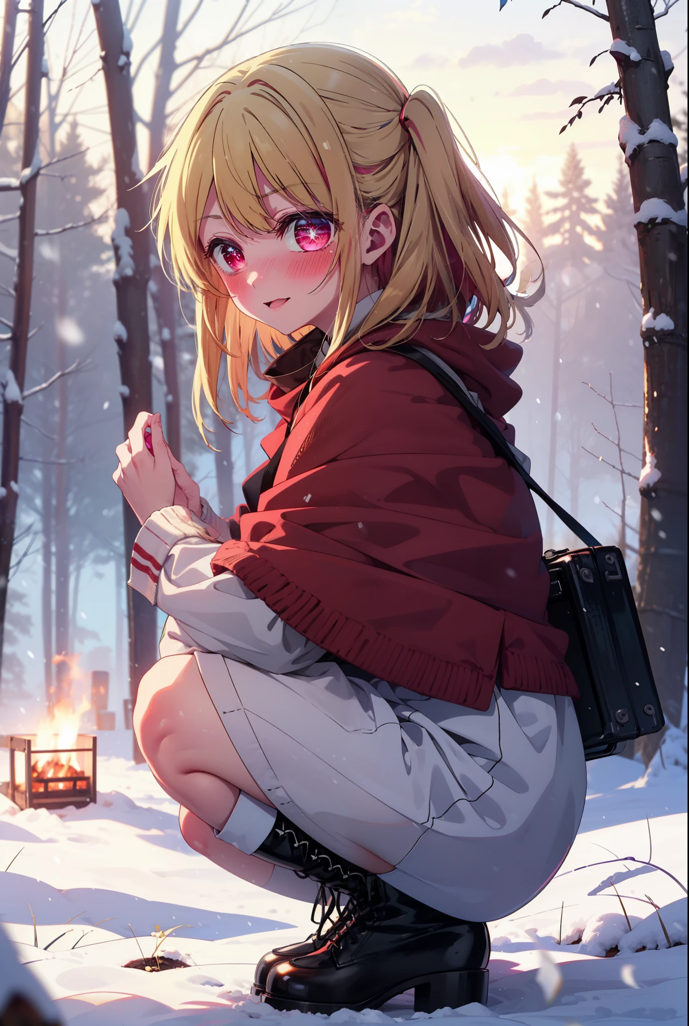 rubyhoshino, Hoshino Ruby, Long Hair, bangs, blonde, (Pink Eyes:1.3), Side Lock, (Symbol-shaped pupil:1.5), Multicolored Hair, Two-tone hair, smile,,smile,blush,white breath,
Open your mouth,snow,Ground bonfire, Outdoor, boots, snowing, From the side, wood, suitcase, Cape, Blurred, , forest, White handbag, nature,  Squat, Mouth closed, Cape, winter, Written boundary depth, Black shoes, red Cape break looking at viewer, Upper Body, whole body, break Outdoor, forest, nature, break (masterpiece:1.2), Highest quality, High resolution, unity 8k wallpaper, (shape:0.8), (Beautiful and beautiful eyes:1.6), Highly detailed face, Perfect lighting, Extremely detailed CG, (Perfect hands, Perfect Anatomy),