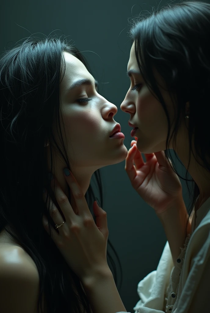 Androgynous long haired man gagging getting made up by a woman