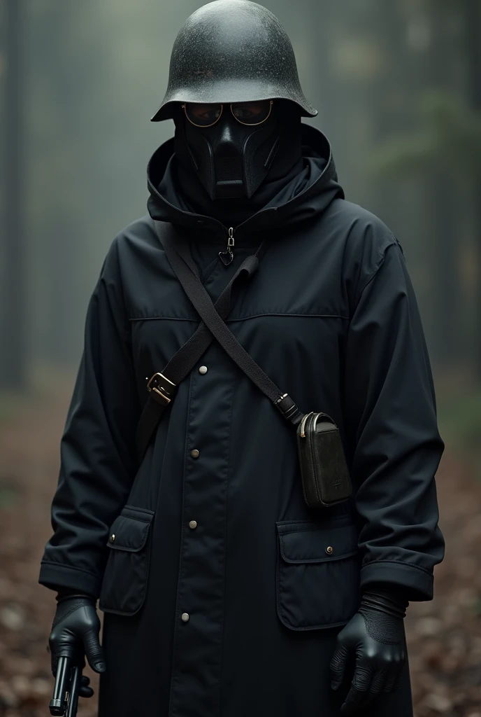 A man wearing a black cloth outfit, his face completely covered by an iron mask with glasses, wearing an M35 helmet, Wear a sun-protective jacket.