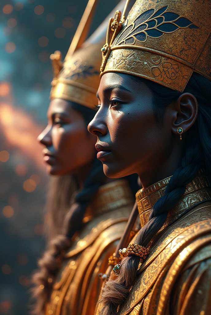 Show Shu and Tefnut from Egyptian mythology together in a hyperrealistic scene, showing their roles in the creation of the universe. Use vibrant colors, 4k resolution, and ultra detailed face. Ensure the image is masterpiece, best quality, CG, wallpaper, HDR, high quality, 8k, raw, high, artstation HQ, unreal engine, octane renderer, highly detailed