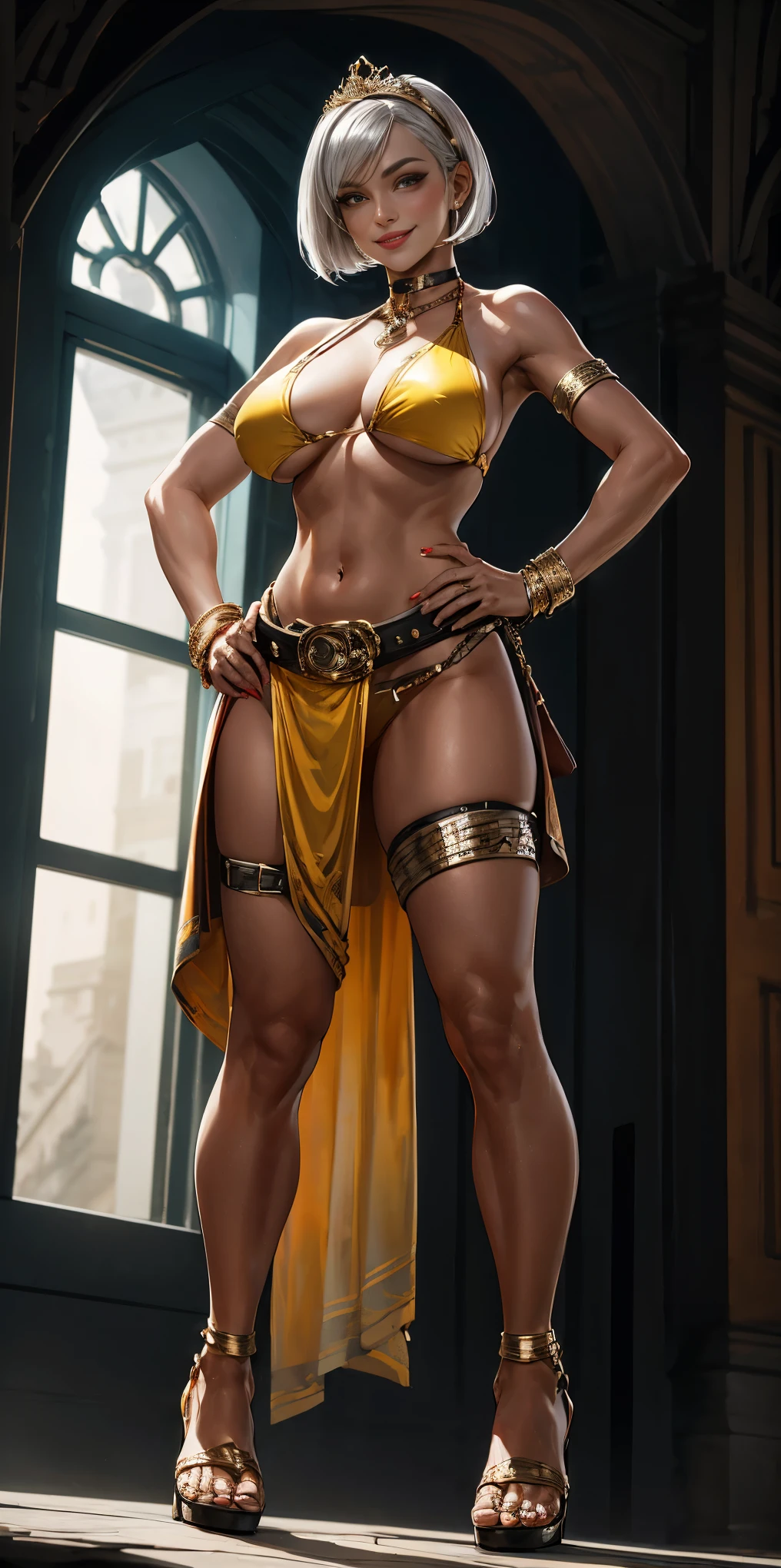 full body, whole body, solo, female, short white silver bob hair, big breast, yellow bikini, hands on hips, hands on waist, navel, lustful smirking smiling, smile red face, metal shoulders, gold sleeveless armbands, black leather choker collar, shackle bracelet, pauldrons, breastplate, leather corset, eye focus, loincloth standing, metal sandals, twin big belt, view from below, feet together, bracers, tiara