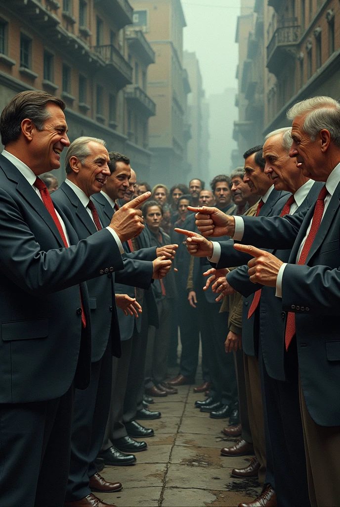 Image showing politics, left and right politicians laughing, pointing to the other image where the population in poverty is discussing politics.