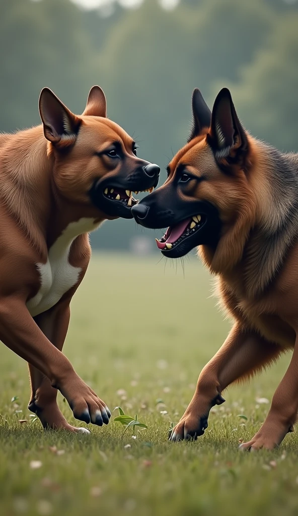"A realistic scene depicting an intense confrontation between a Pit Bull and a German Shepherd. The Pit Bull should be shown with a muscular, aggressive stance, and the German Shepherd should be depicted with a defensive or equally aggressive posture. Both dogs should have detailed fur and expressions that convey the seriousness of the fight. The background could include a neutral, natural setting like a grassy field or a park to focus on the action between the two dogs."