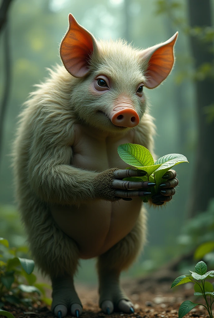 Pig Man holding a small leaf