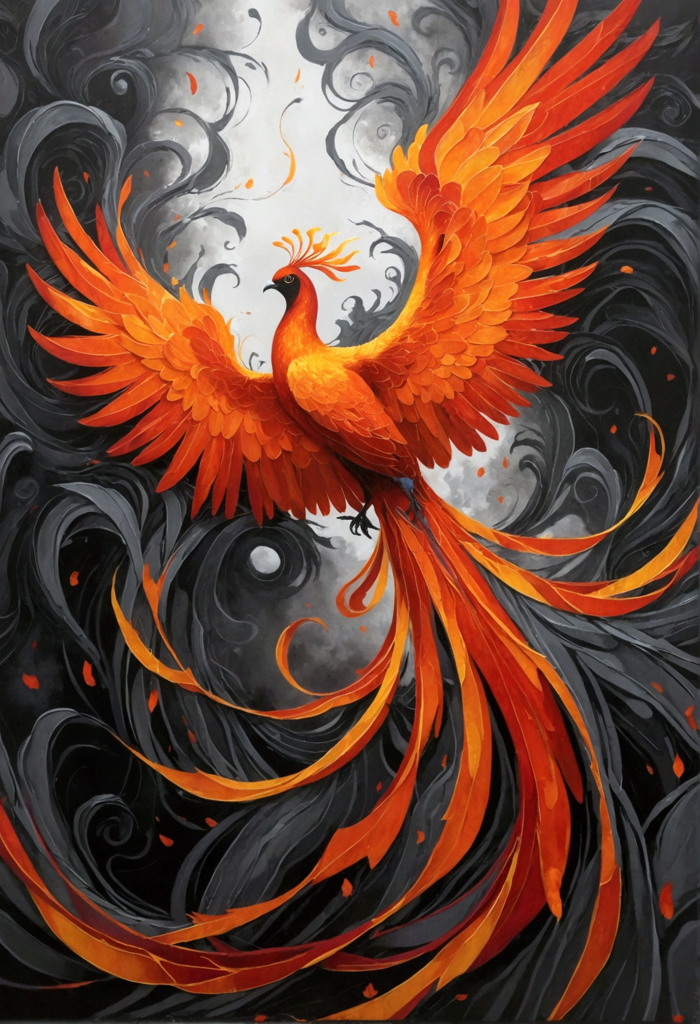 Imagine an awe-inspiring depiction of a vibrant and fiery phoenix, its wings spread wide, brilliantly rising from a picturesque pile of gray ashes that contrast starkly against its glowing plumage. The phoenix emanates an aura of power, renewal, and hope, its form characterized by abstract shapes and patterns. The backdrop to this scene is a minimalistic expanse to focus all attention on this pivotal moment of rebirth, symbolizing resilience and the cyclical nature of existence. The scene should feel powerful, dramatic, and emotionally resonant.