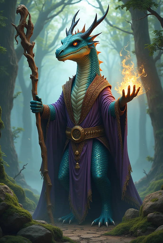 a broad-headed ombre dragon dressed as a druid with spells in hand