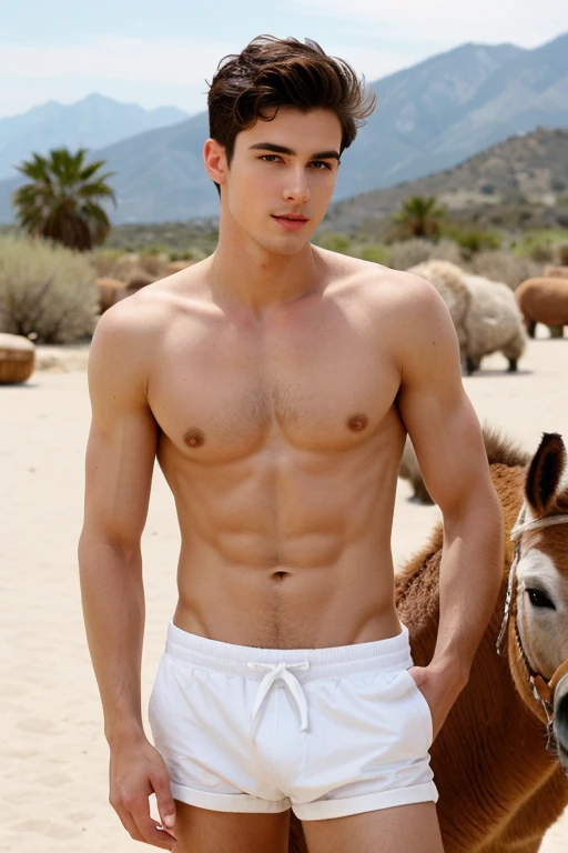 Young handsome cute beautiful skinny white face without shirt  con un burro alado de el