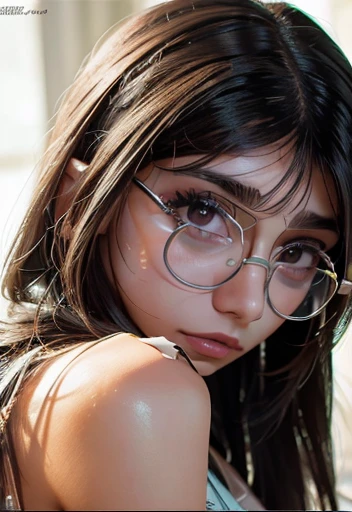 Primer plano de Mia Khalifa, cosplay de virgen con glasses