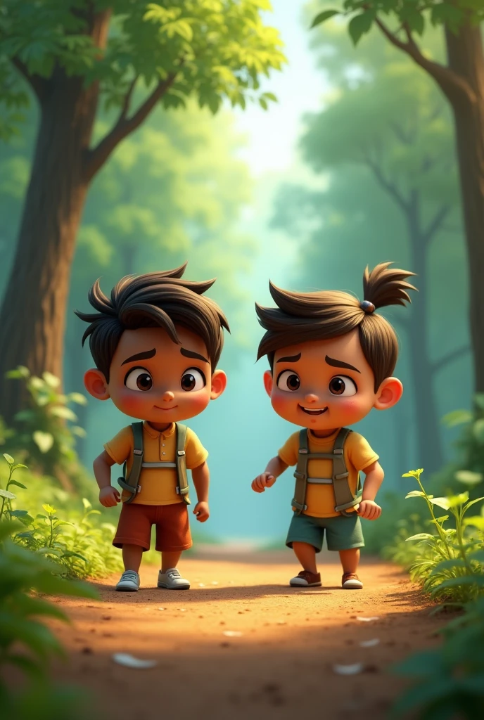 Rumi and Tinu stand at a starting line in the forest, with a playful determination on Rumi's face and a focused, serious expression on Tinu's."