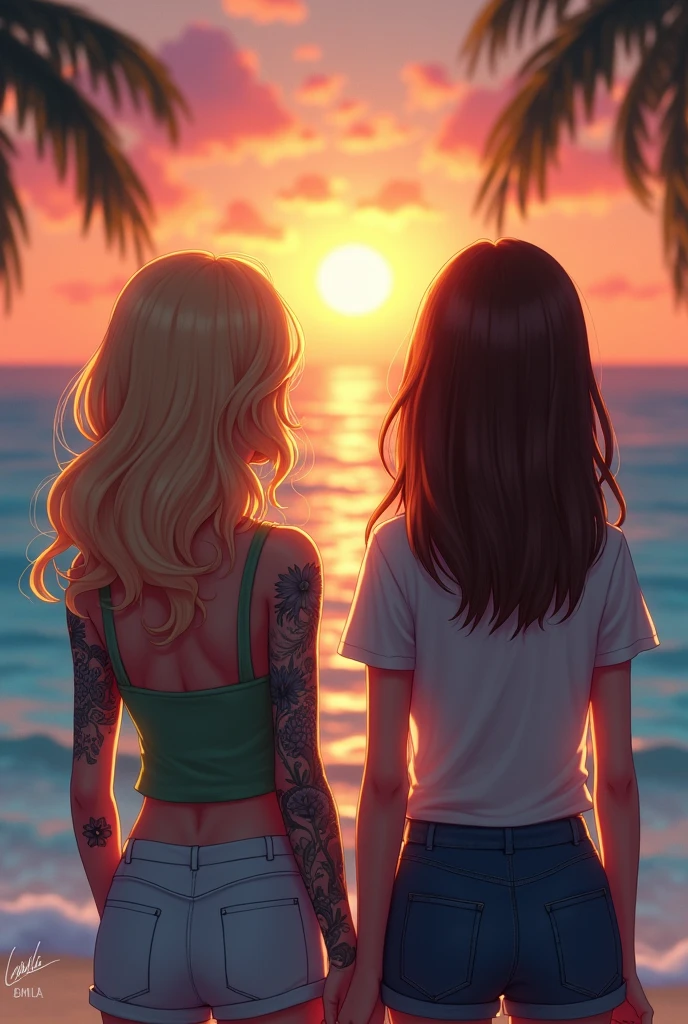 A couple of two girls watching the sunset in a sea, one girl has to be wavy with blonde hair and she has to have a tattoo on her entire arm, she has to be a little small and another girl, the other girl is going to have brown hair and a little bigger than the blonde girl, the blonde has to have straight hair, both of them don't have to have bangs and they are going to be watching the sunset in a tropical place, the one with blonde hair doesn't have to have short hair, she has to have it long and also have it wavy, and the one with brown hair has to have it medium, not so long or so small, and straight with brown hair, not so realistic, and the one with blonde hair has to have the longest hair, the blonde hair has to have the longest hair, and the one with short hair with brown hair has to have it medium, not short or so long, she has medium hair, the one with brown hair has to be a little bigger than the one with blonde hair and has to look a little less realistic, and in one corner has a signature that says Camila, which is a little less realistic than the one with brown hair, is a little bigger than The one with blonde hair and in the corner there is a signature that says Camila