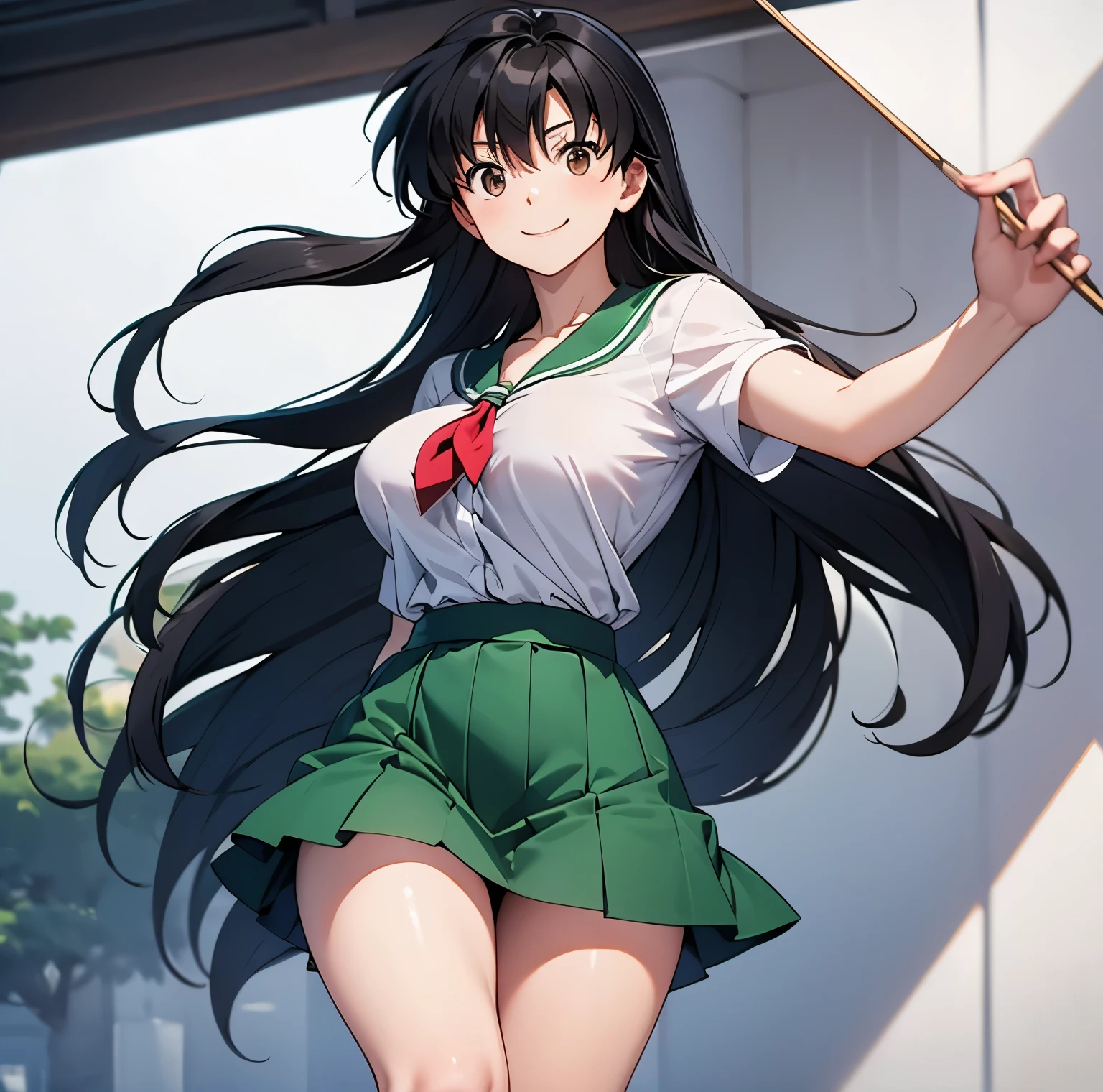 Kagome Higurashi, woman 2 black hair with blue highlights, Brown eyes, smile, large breasts, White shirt, green skirt