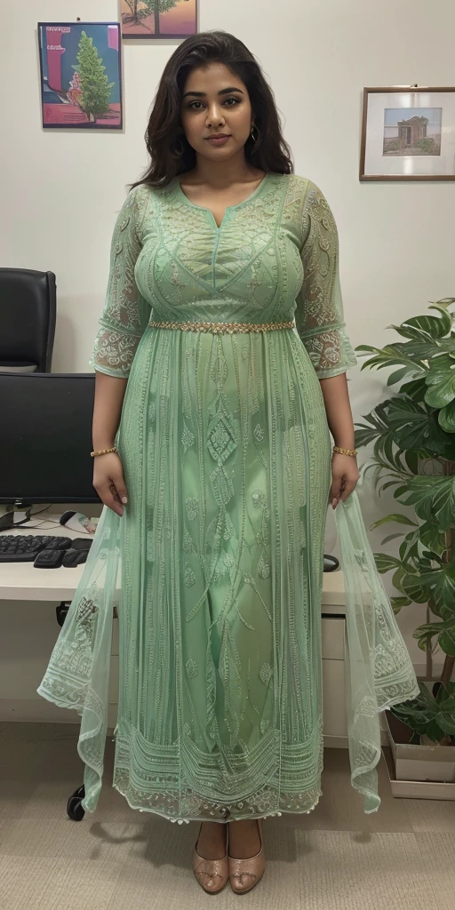 Day scene, A radiant, full-figured South Indian 3 aunty a light green colour chiffon fully transparent kurta, bra visible through kurta, ,standing, in a office captured in a full-body image with vibrant hues and meticulous details. Full body image