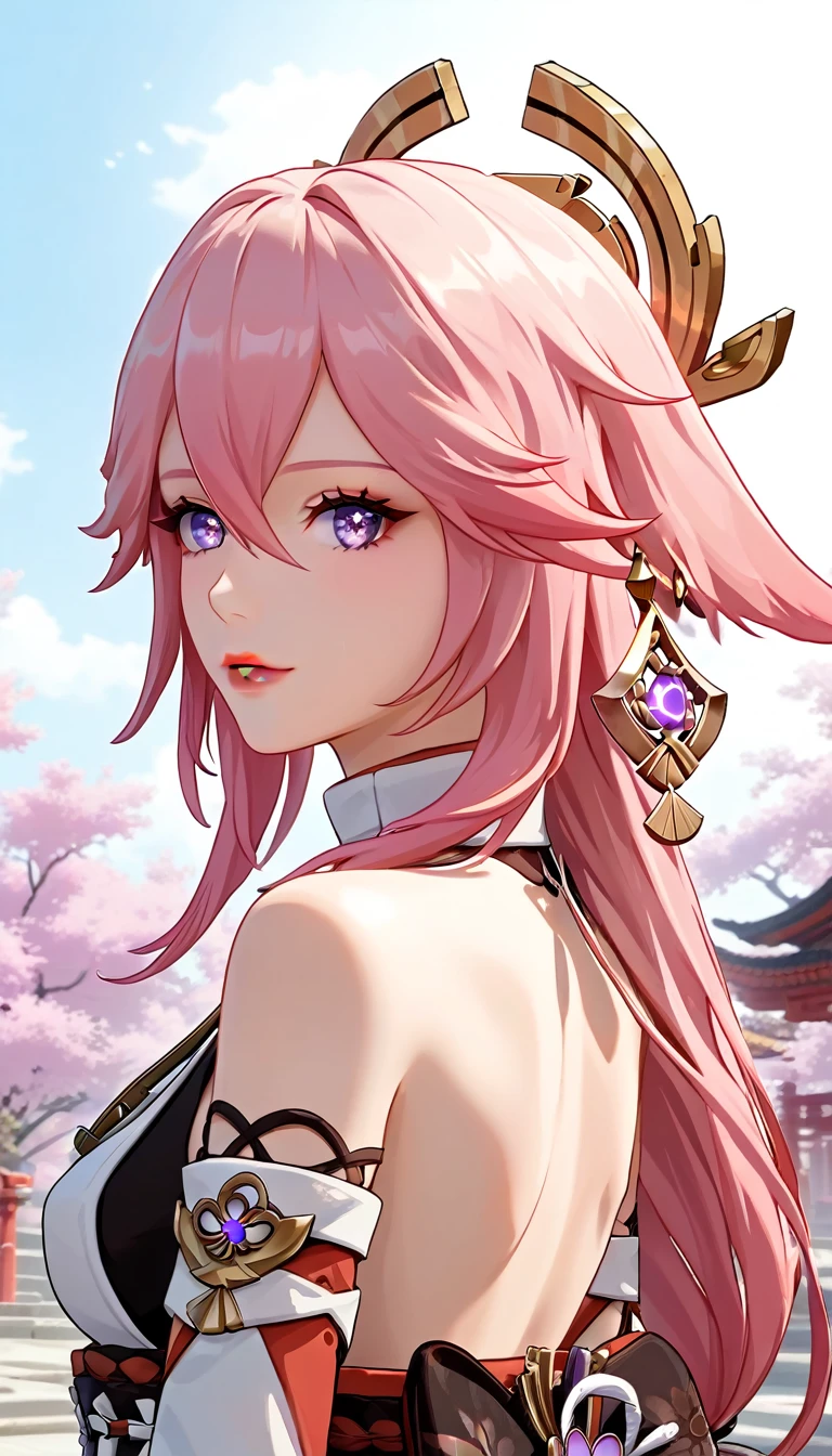 score_9, score_8_up, score_7_up,source_anime, high res image,masterpiece,(best quality:1.5),girl,cute face,clear skin,yae_miko_genshin,heart eyes, (upper body), (standing), (pink hair), jewelry, Earring, kimono, absurddress, Glowing skin, oil skin, ferpect lighting, detail face, detail eyes, detail skin, detail color, (Japanese temple background), outdoor, Tree,