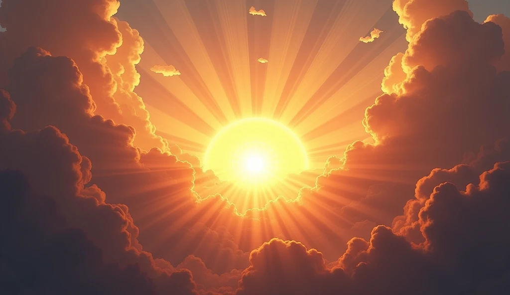 Rising sun in the middle of the clouds with yellowish rays taking over the scene