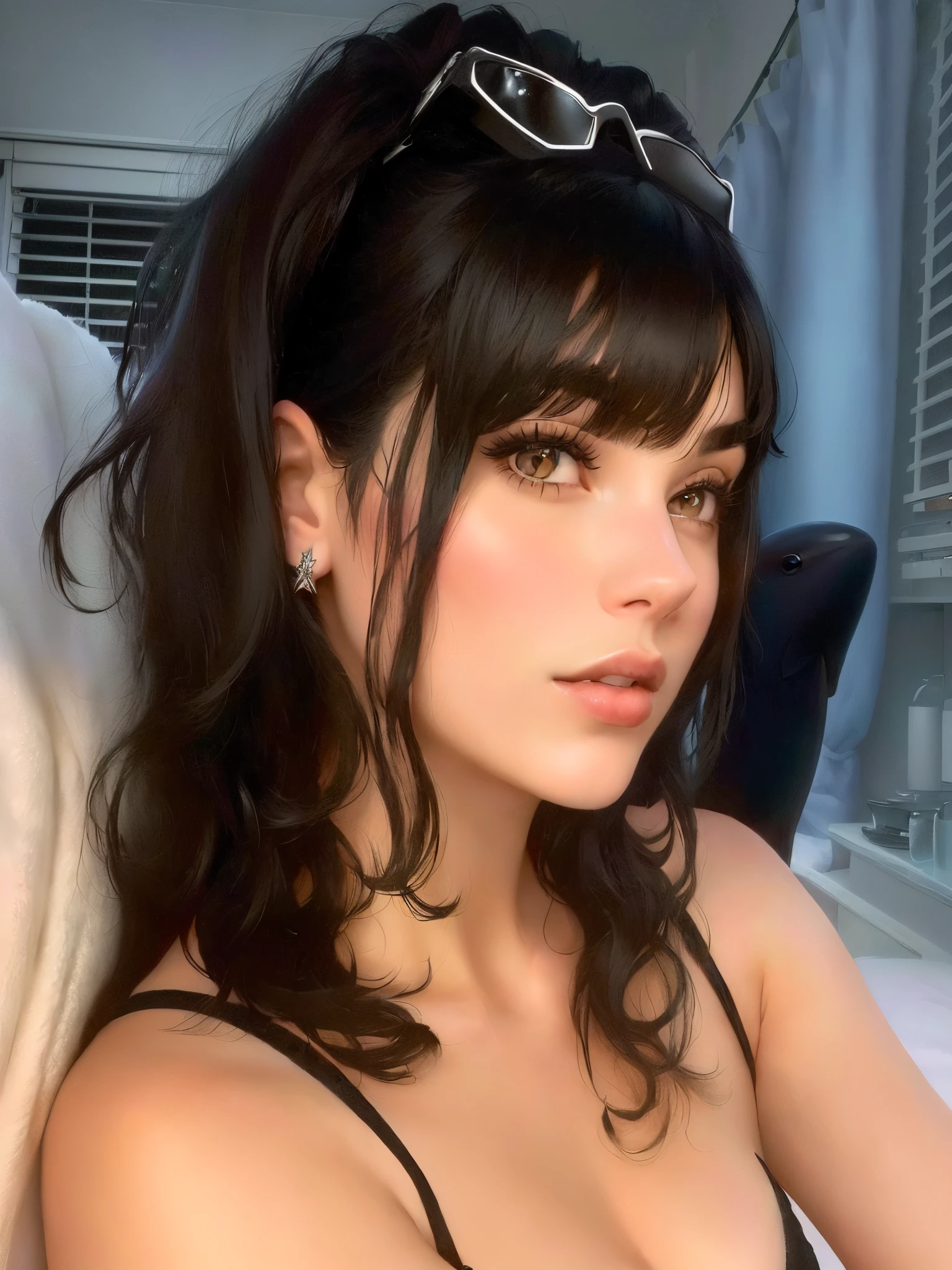 There is a woman with glasses on her head and a black bra top, beautiful dolphin, onda cynth, Charli XCX, curtain bangs, Charli Bowater, she has black hair with bangs, fluffy bangs, brown hair and bangs, with bangs, neat hair with bangs, black hair and white bangs, black bangs, cabello with bangs negro, with bangs completo