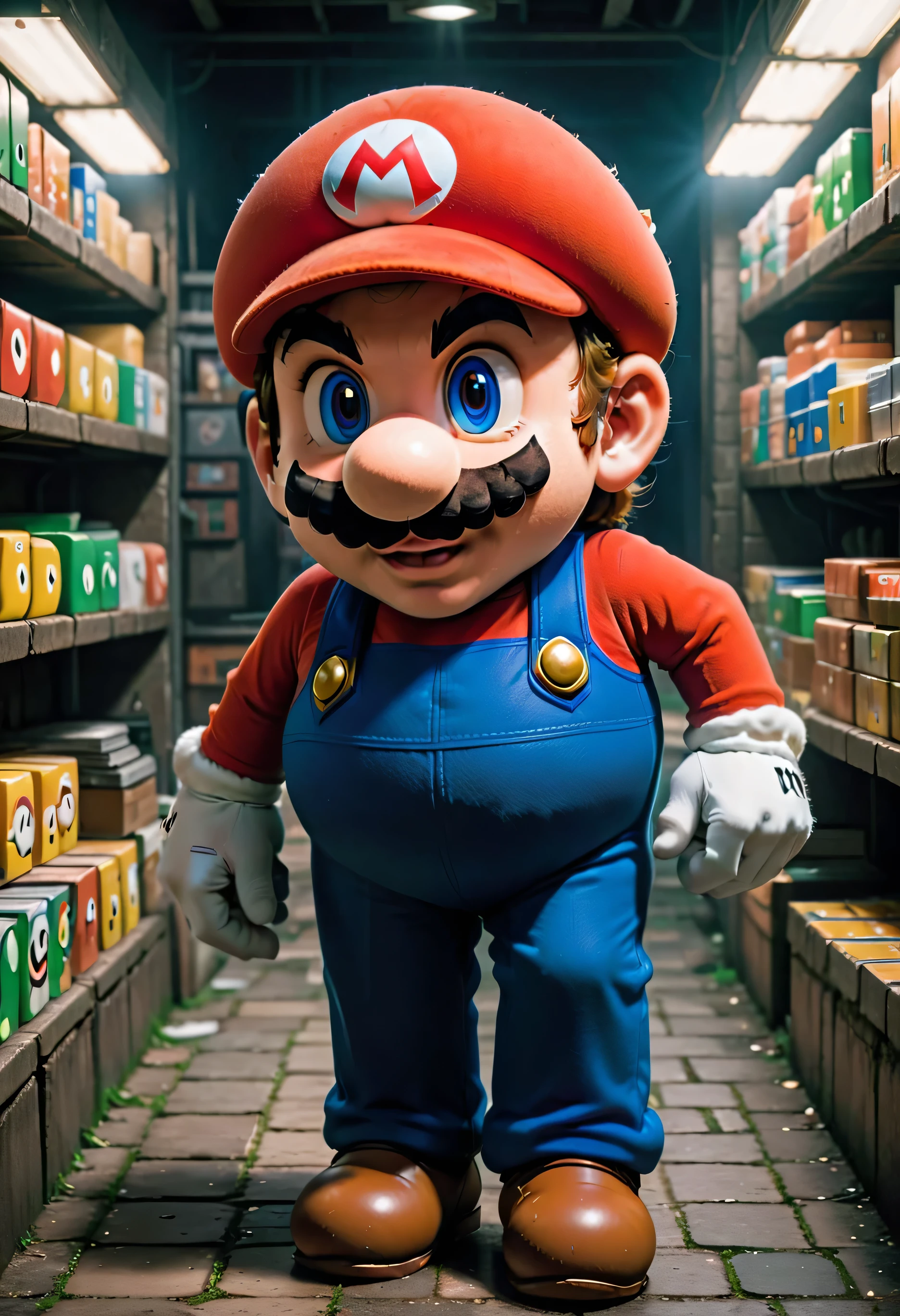 Super Mario staring at camera,black scenario, studio light, detailed clothing folds, highly detailed, intricate, sharp, hyper-realistic, 8k, photorealistic, volumetric lighting, dynamic pose, fantasy, iconic video game, nostalgic, bright colors, primary colors, lively, energetic, playful, whimsical