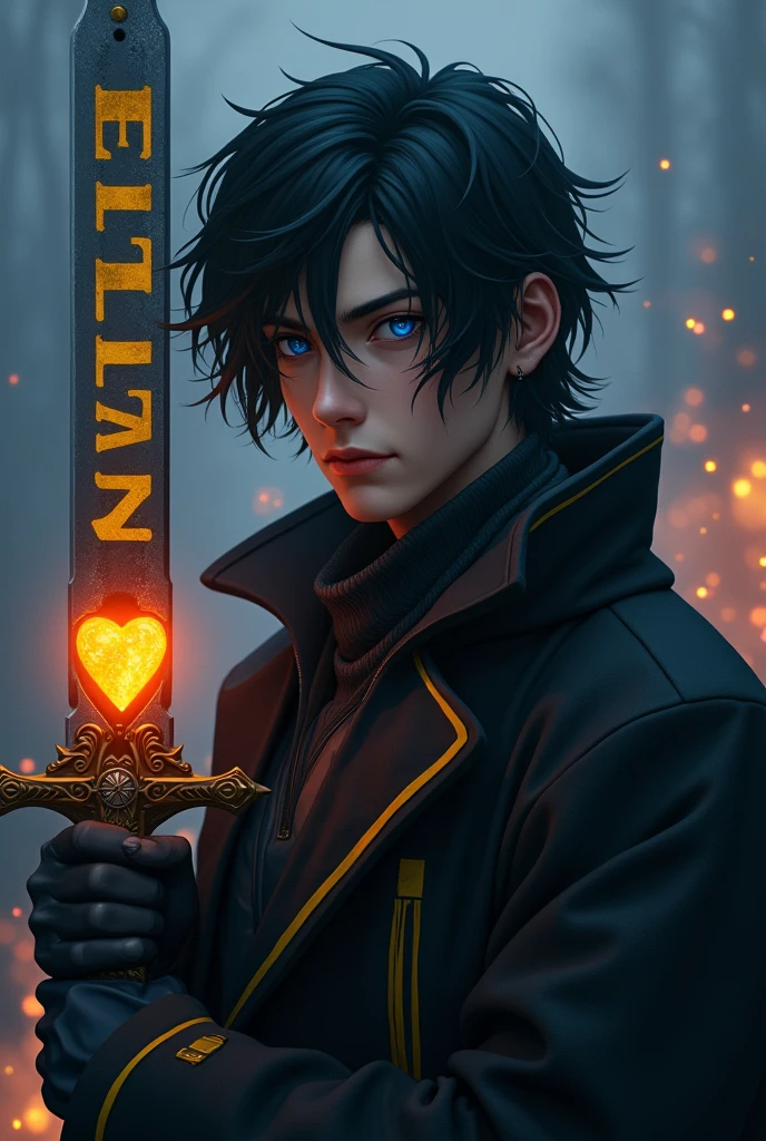 A 2 young man, naughty man, with medium black hair, with blue eyes with blue stripes near the eyes forming a line, with a black overcoat with yellow stripes, with a thin long sword, with a volcano heart inside the blade, but the blade is gray and has Helsen written in yellow on the blade.