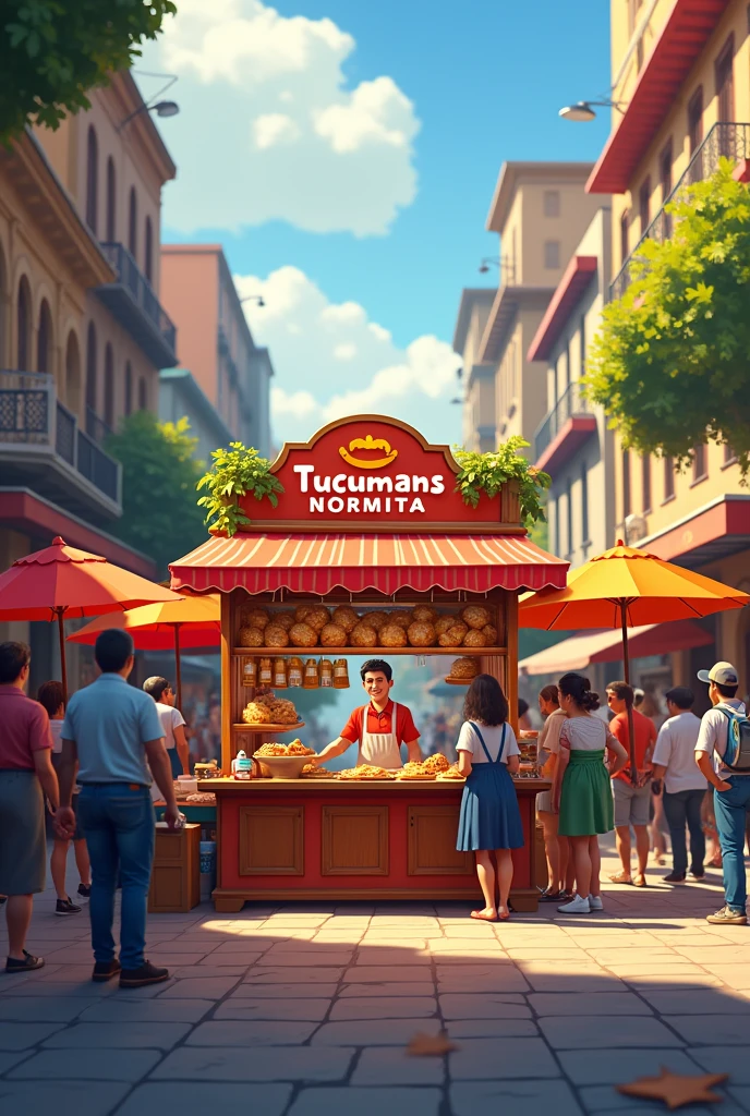 empanada sales stand with a sign "TUCUMANS NORMITA" in the middle of the street with lots of people diners
