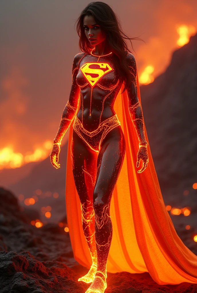 AN INCREDIBLY SEXY, CUTE AND SHY FUTURISTIC LAVA COVERED FEMALE WEARING A SYNTHETIC LIQUID LAVA SUPERGIRL COSTUME AND CAPE. ABSURD 8K DETIALS AND TEXTURES. MASTERPIECE. LAVA SKIN, LAVA FACE, LAVA HAIR.