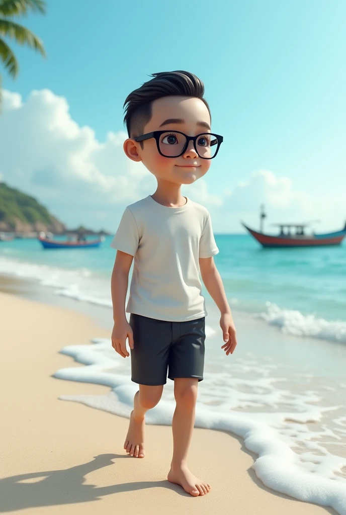 (photorealism)  Indonesian man ,small, thin and short body (short) ,hairstyle (slicked back),walking on the beach with waves and boats in the background  ,Wearing a white t-shirt and black shorts,wearing black photochromic glasses ,barefoot ,