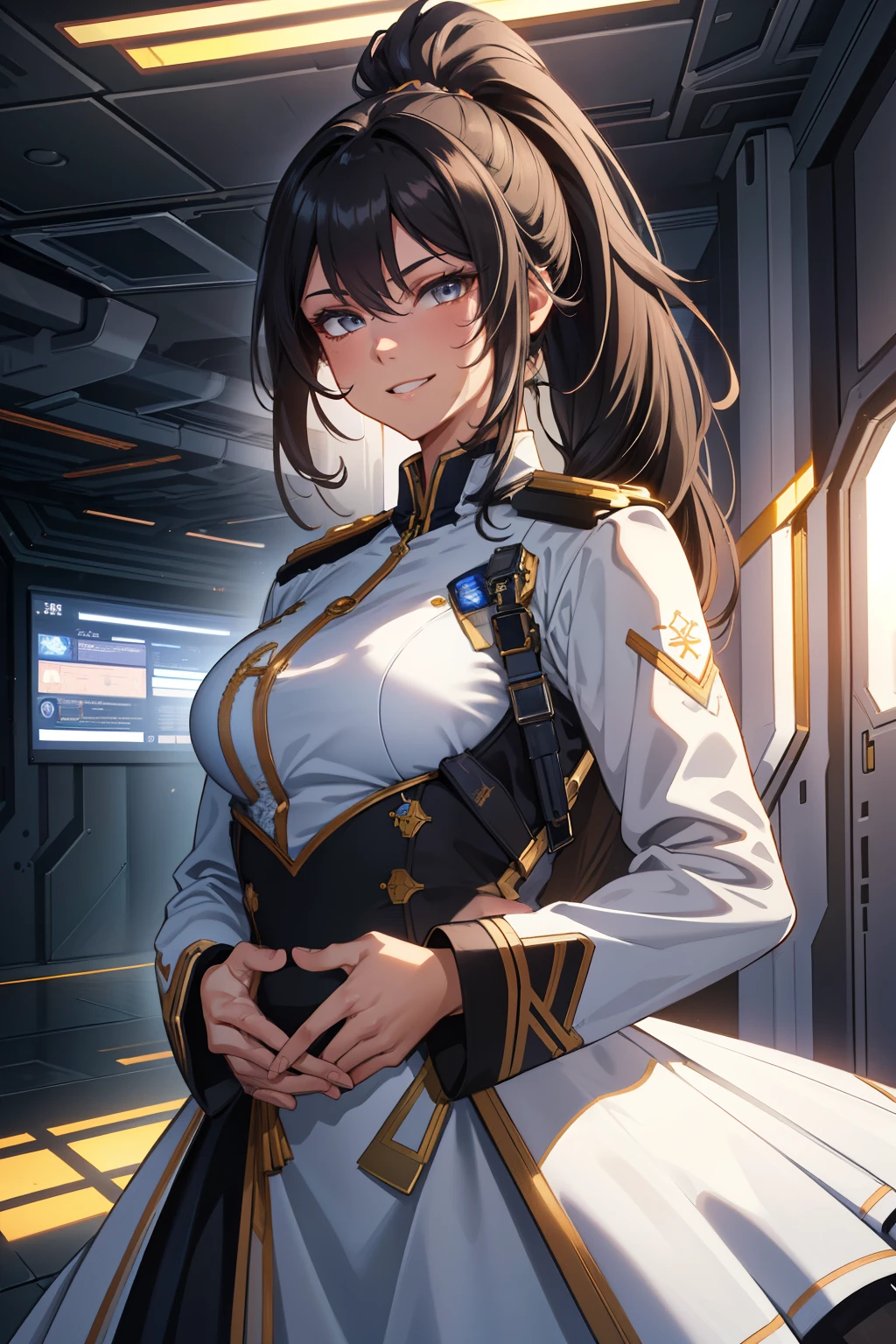 (extremely detailed CG unity 4k wallpaper),(masterpiece),(best quality),(ultra-detailed),(best illustration),(best shadow),(absurdres),(detailed background) Long Black hair (Pony tail), Grey eyes, Hands clasped calmly, Insane smile, White dress uniform, light skin, Spaceship interior background,